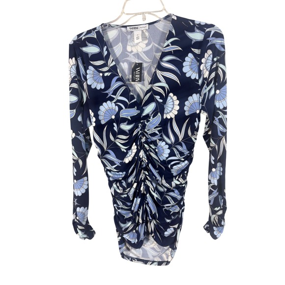 WHBM Floral Ruched Top Womens Size M Blue NWT Long Sleeve V-Neck Jersey - Picture 10 of 10